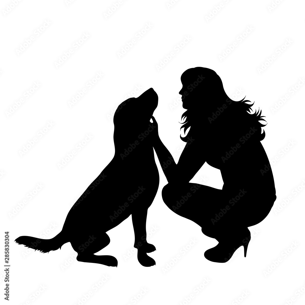 Vector silhouette of girl with her dog on white background. Symbol of friends, care, animal, woman, female.