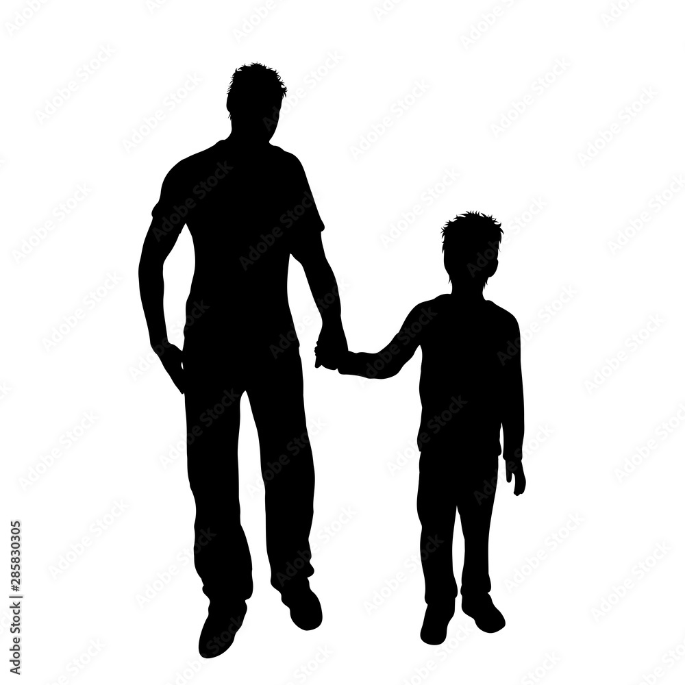 Vector silhouette of father with his son on white background. Symbol of family, child.