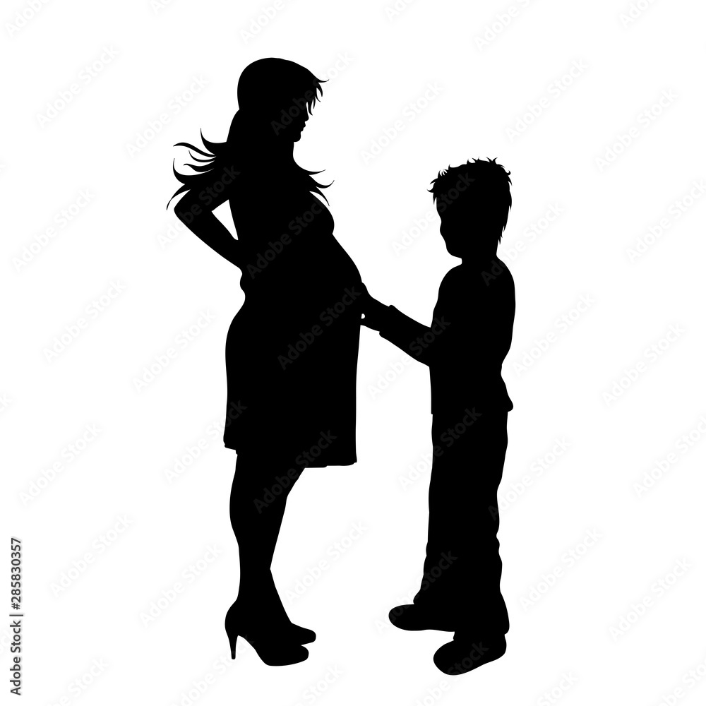 Vector silhouette of pregnant mother with her son on white background. Symbol of family, child, maternity.