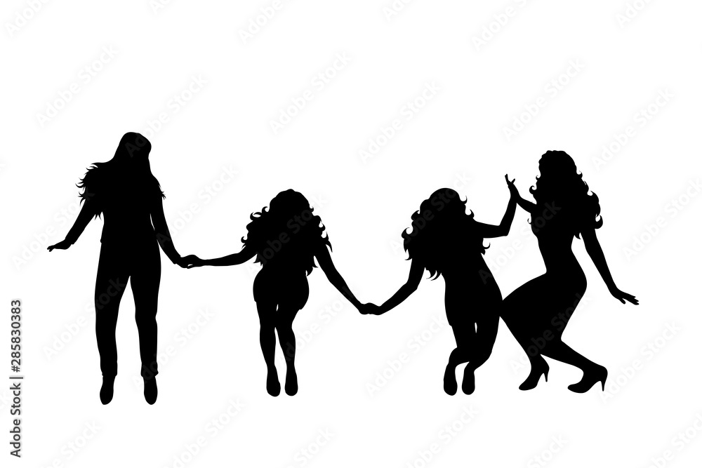 Vector silhouette of friends on white background. Symbol of group girl,woman,dance.
