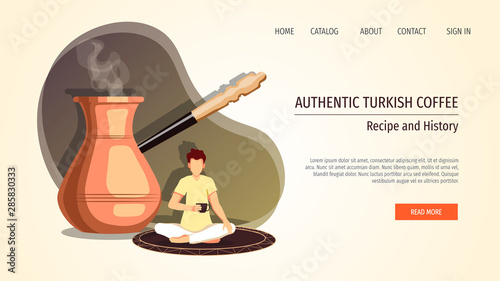 Web page design template for coffee brewing methods, coffeemakers, Turkish coffee, cezve and coffee shop. Man sitting on the carpet and drinking Turkish coffee. Poster, banner, website design.