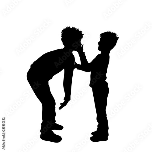 Vector silhouette of boy who bullying with other boy on white background. Symbol of child, siblings, brother, violence, annoy.