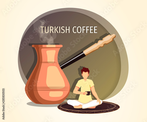 Coffee brewing methods, coffeemaker, Turkish coffee, cezve and coffee shop concept. Man sitting on the carpet and drinking Turkish coffee. Vector illustration for poster, banner, cover, card.