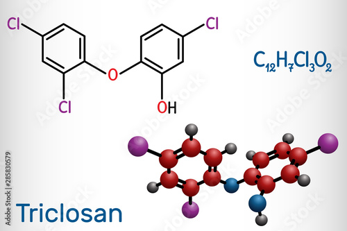 Triclosan molecule. It is a polychloro phenoxy phenol with antibacterial, antimicrobial, antifungal activity.  Structural chemical formula and molecule model