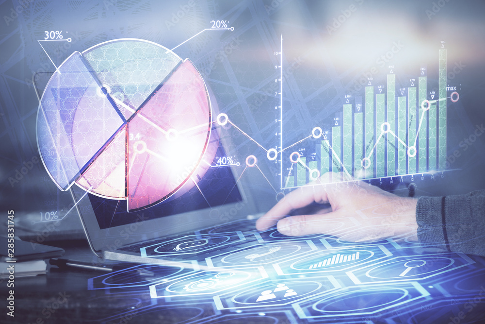 Double exposure of hands and notepad with business icons. Concept of international business. Double exposure of hands and notepad with business icons. Concept of international business.