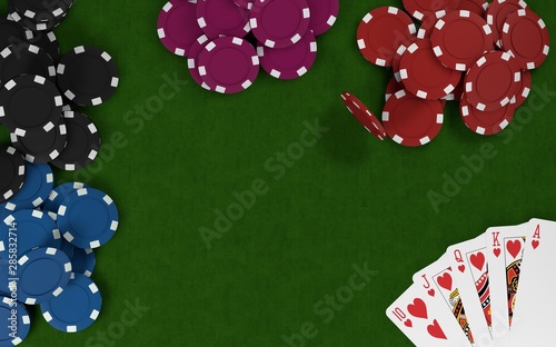 Poker chips stack with Royal Flush cards. On the green table. 3D rendering