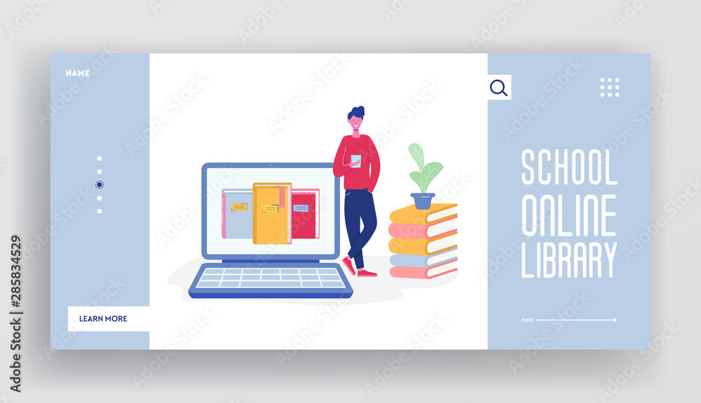 Online digital library landing page concept of people character reading books from Big laptop. Media library website template, ebook to study on e-library, web page illustration design. Vector. Online digital library landing page concept of people character reading books from Big laptop. Media library website template, ebook to study on e-library, web page illustration design. Vector.