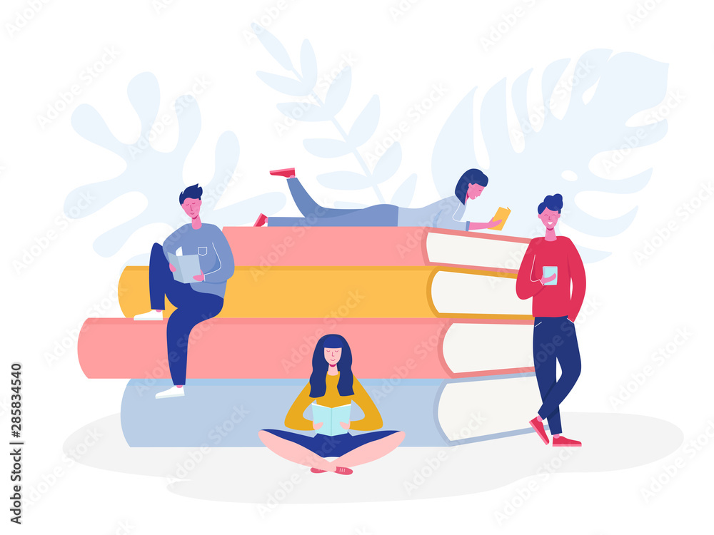 Collection of people characters reading or students studying and preparing for examination. Set of book lovers, readers, modern literature fans concept. Flat cartoon vector illustration Collection of people characters reading or students studying and preparing for examination. Set of book lovers, readers, modern literature fans concept. Flat cartoon vector illustration