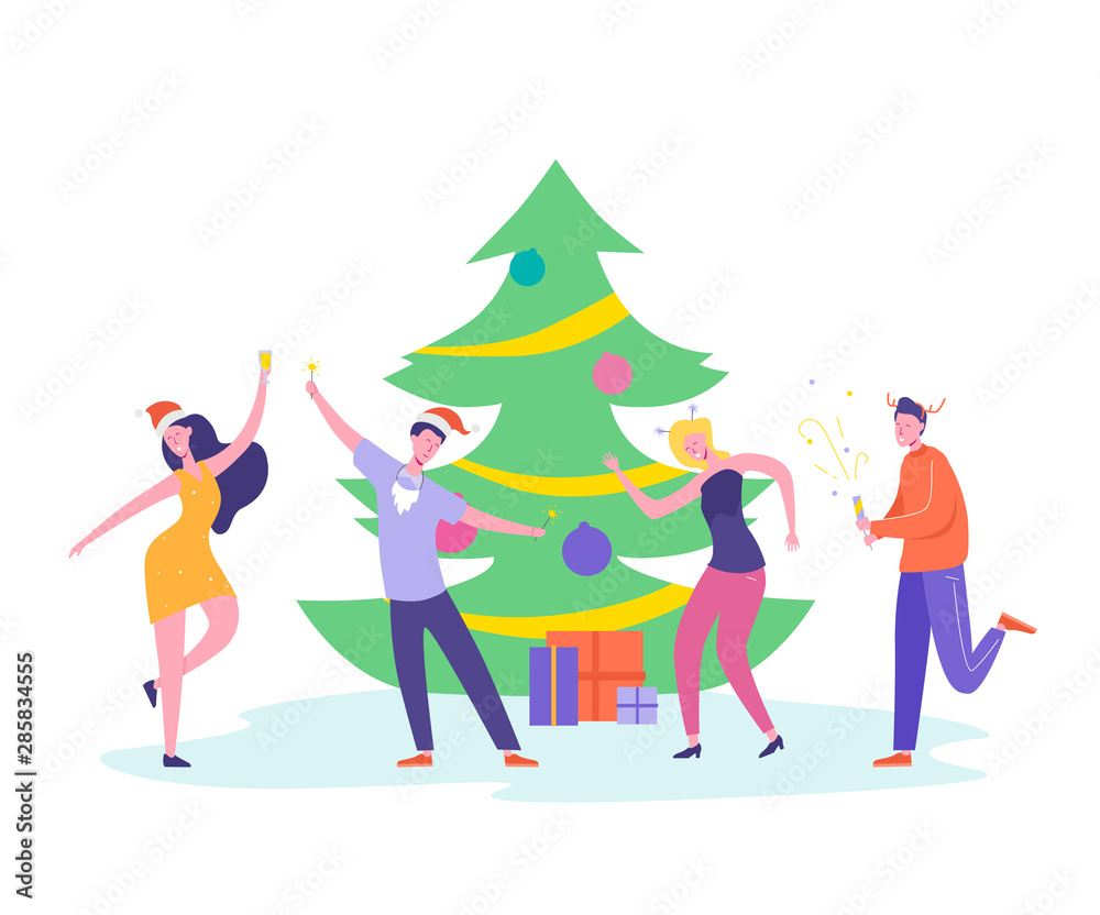 People characters dancing, celebrating Merry Christmas and Happy New Year night. Xmas Party Card or Invitation Poster. Vector illustration