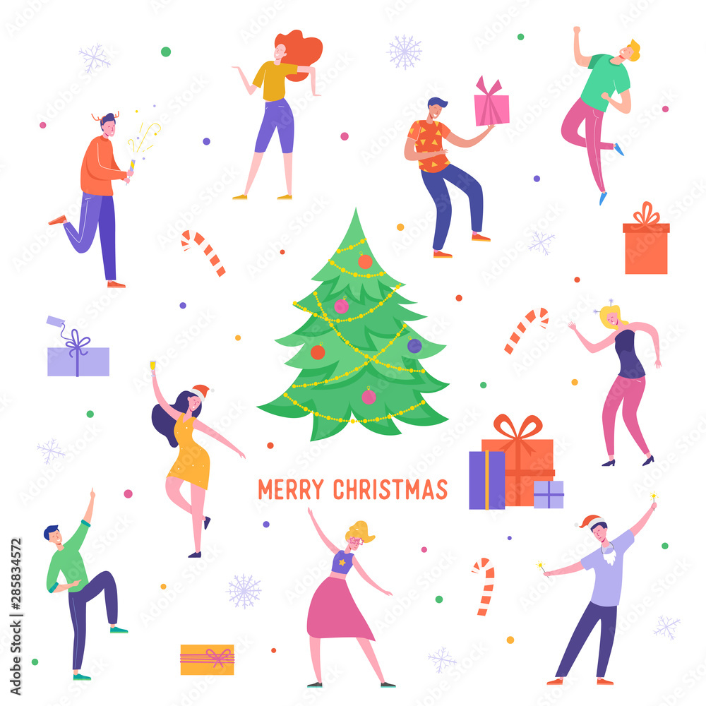 Fototapeta premium Xmas Party Card or Invitation Poster. People characters dancing, celebrating Merry Christmas and Happy New Year night. Vector illustration