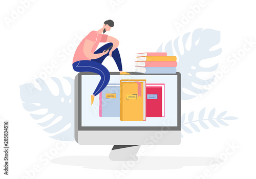 Electronic online library poster with computer and books, people character reading or student studying, e-book reader, modern literature fan concept. Flat cartoon vector illustration