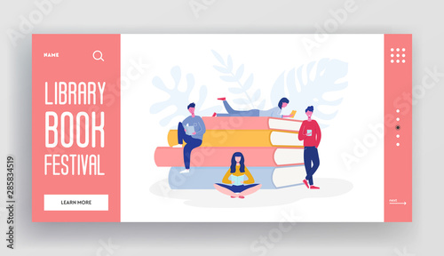 Collection of people characters reading or students studying and preparing for examination. Set of book lovers, readers, modern literature fans concept. Flat cartoon vector illustration