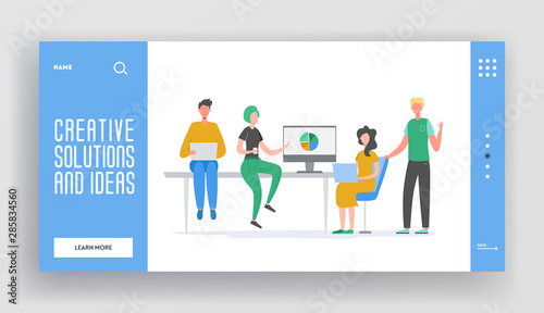 Business Meeting Teamwork Concept landing page template. Businessman and Woman Characters, Colleagues Communicating Brainstorming, Discussion Idea for website or web page. Vector illustration.