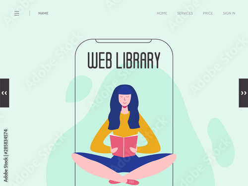 Online digital library landing page concept of people character reading books from reader, computer. Media library website template, ebook to study on e-library, web page illustration design. Vector.