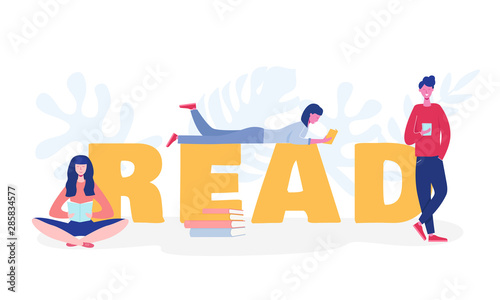 Collection of people characters reading or students studying and preparing for examination. Set of book lovers, readers, modern literature fans concept. Flat cartoon vector illustration