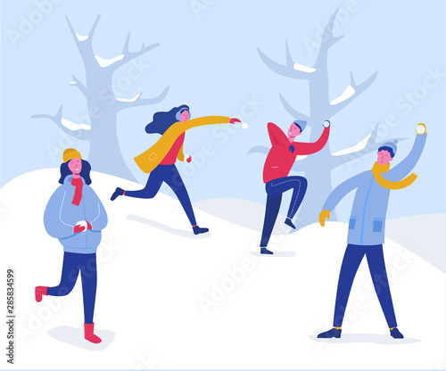 Winter Characters Playing Snowballs. Joyfull People Having Fun in Snow. Boys and Girls Throwing Snowball, Christmas holidays outdoor activities. Vector illustration