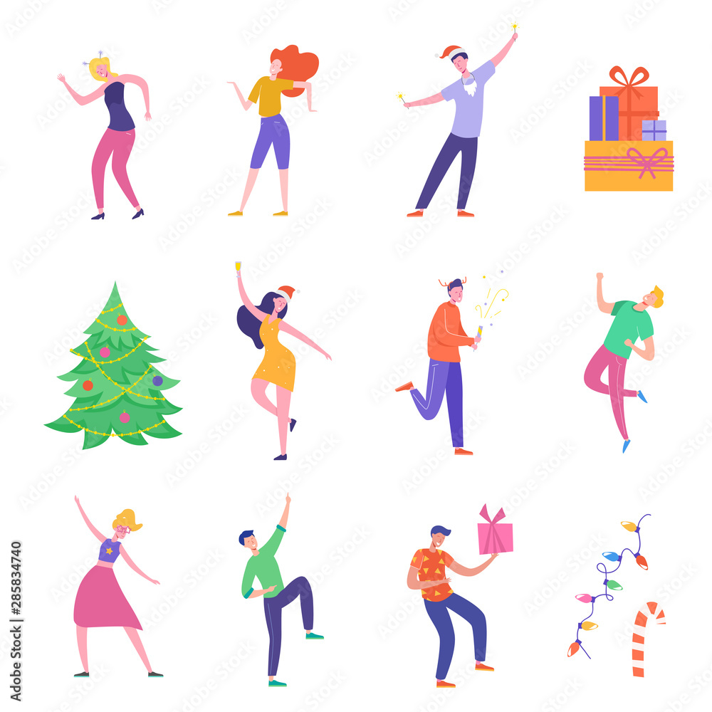 Set of People characters dancing, celebrating Merry Christmas and Happy New Year night. Winter Xmas Party women and men template. Vector illustration