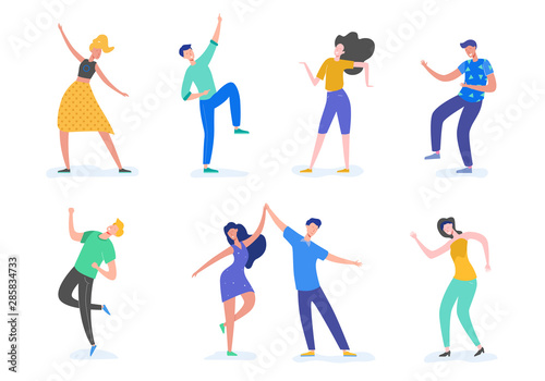Group of young happy dancing people or male and female dancers isolated on white background. Smiling young men and women enjoying dance party. Vector illustration in flat cartoon style