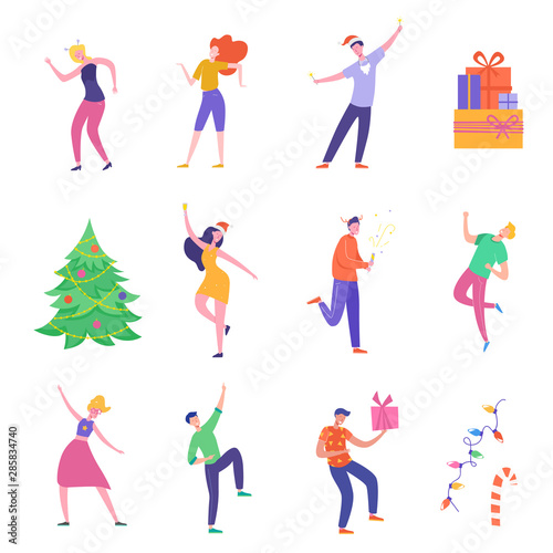 Set of People characters dancing  celebrating Merry Christmas and Happy New Year night. Winter Xmas Party women and men template. Vector illustration