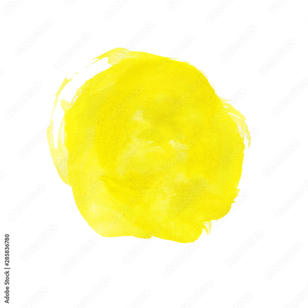 Watercolor yellow hand drawn stain on white background with rough edges, round, circle spot on paper with brush strokes Watercolor yellow hand drawn stain on white background with rough edges, round, circle spot on paper with brush strokes