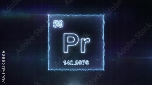 Praseodymium - periodic table element symbol hologram glowing on dark background in 4K