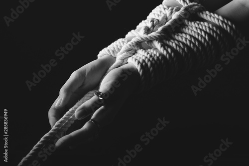 Kinbaku women's hands tied with rope photo
