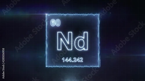 Neodymium - periodic table element symbol hologram glowing on dark background in 4K