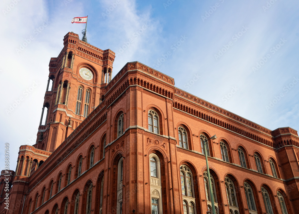 Rotes Rathaus and flag in German City centre of Berlin