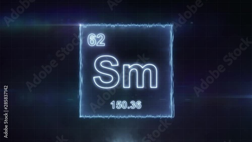 Samarium - periodic table element symbol hologram glowing on dark background in 4K