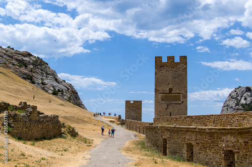 Photography View on fortified wall Genoes fortress Crimea Sudak