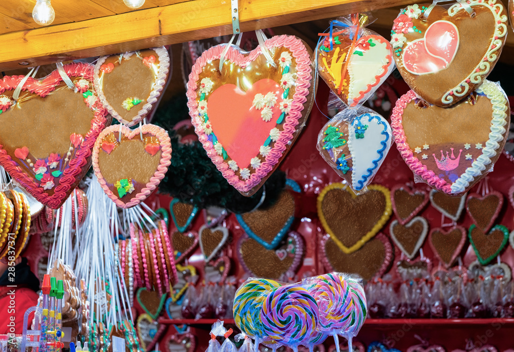 Heart shape Gingerbread cookies of Christmas market of Germany