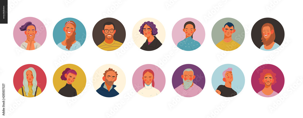 Real people portraits set - hand drawn flat style vector design concept illustration of men and women, male and female faces and shoulders avatars. Flat style vector icons set Real people portraits set - hand drawn flat style vector design concept illustration of men and women, male and female faces and shoulders avatars. Flat style vector icons set