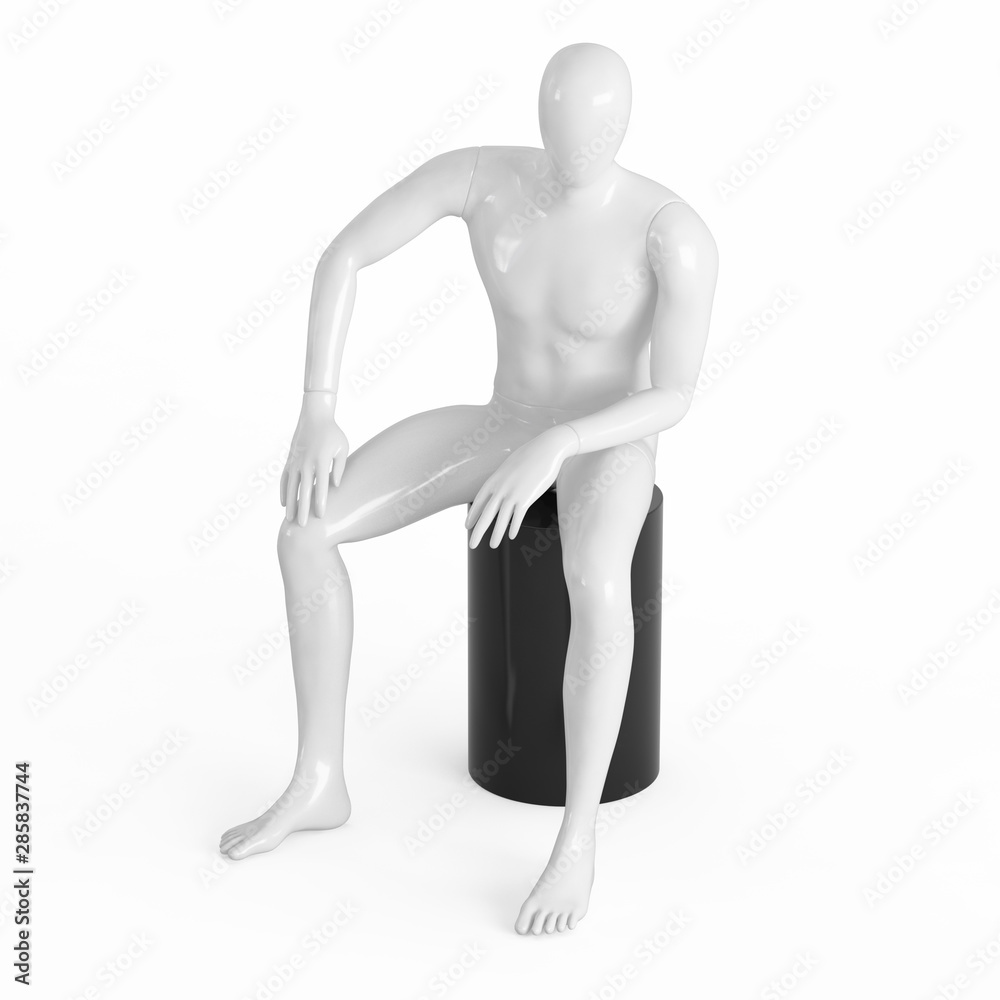 A white faceless mannequin sits on a black top hat. Black and white plastic 3D A white faceless mannequin sits on a black top hat. Black and white plastic 3D