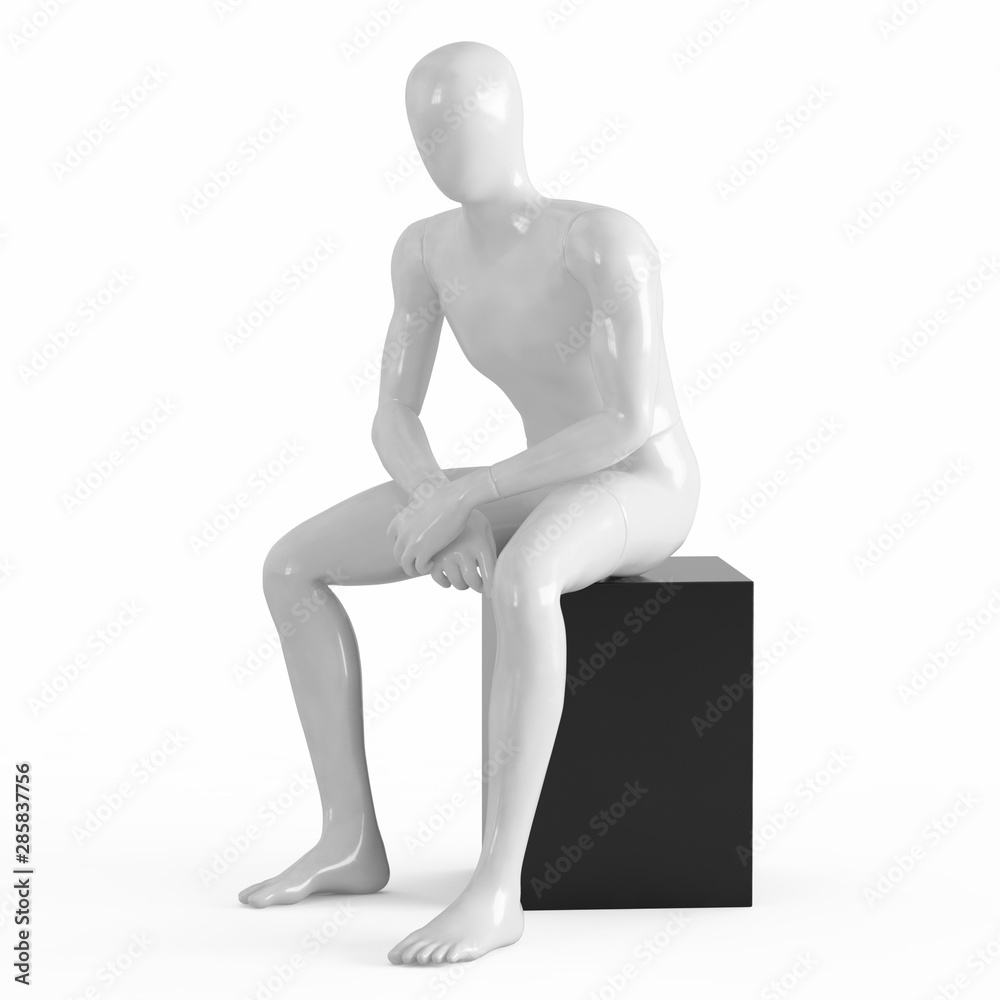 A white faceless mannequin sits on a black box. Black and white plastic 3D A white faceless mannequin sits on a black box. Black and white plastic 3D