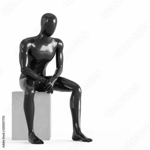 A black faceless mannequin sits on a white box. Black and white plastic 3D rendering