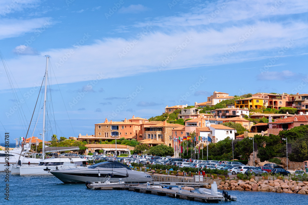 Marina with luxury yachts near Mediterranean Sea in Porto Cervo