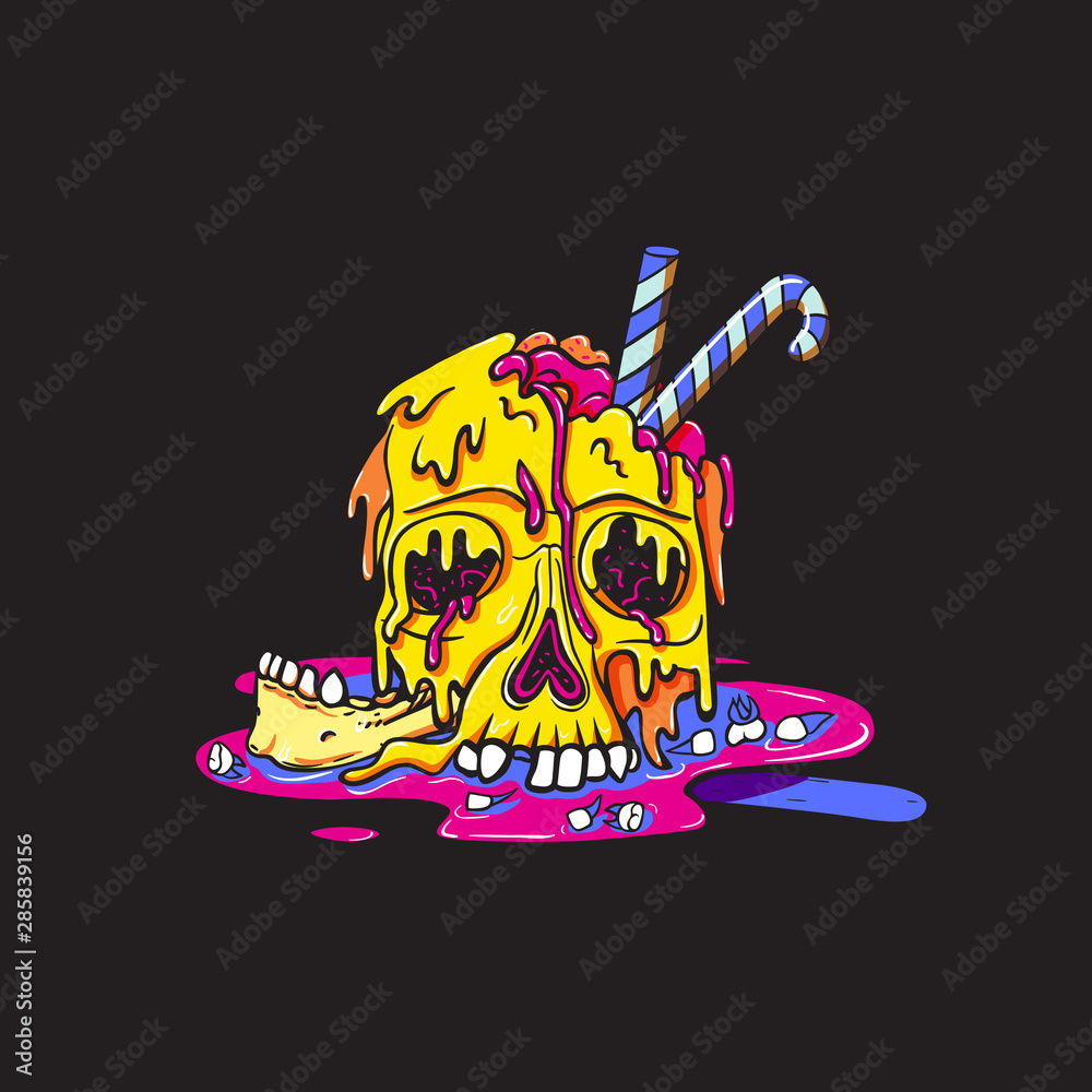 Ice cream yellow skull melts and flows. Broken jaw, teeth fell out