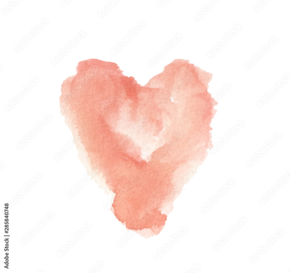 Watercolor heart shape hand drawn with soft rough edges, gentle pastel pink color, isolated on white background, perfect for cards, wedding decoration and invitations, textile, posters