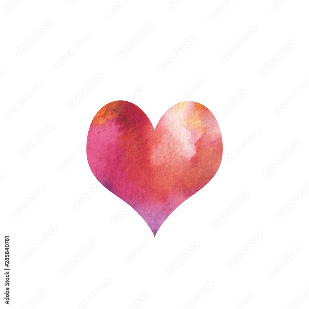 Watercolor heart shape with beautiful purple stains hand drawn on a white background, isolated