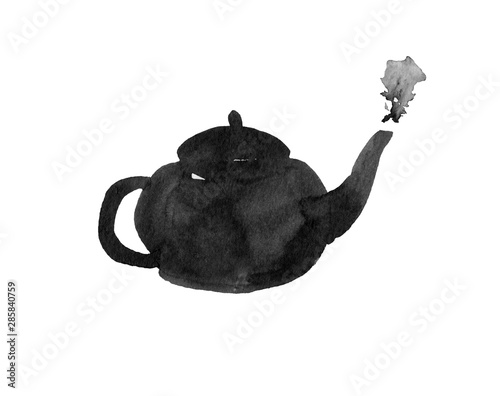 Watercolor ink teapot chinese style with brush strokes on white background