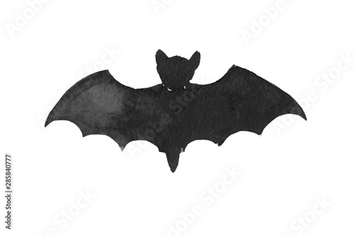 A silhouette of bat, watercolor ink black and white halloween decoration element on white background isolated
