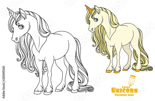 Fairytale unicorn color and outlined picture for coloring book on white background