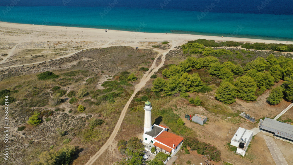 Aerial drone photo of iconic lighthouse in cape Possidi in Kassandra Peninsula, Halkidiki, North Greece
