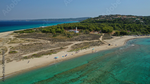 Aerial drone photo of iconic lighthouse in cape Possidi in Kassandra Peninsula, Halkidiki, North Greece