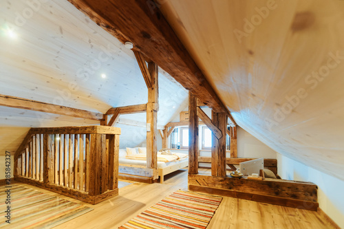 Interior of bedroom Modern design of bed in loft