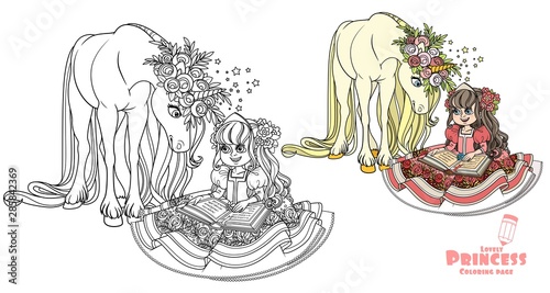 Beautiful princess sitting and reading a book to a magical unicorn color and outlined picture for coloring book on white background
