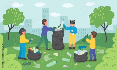 Group of children cleaning up city park.