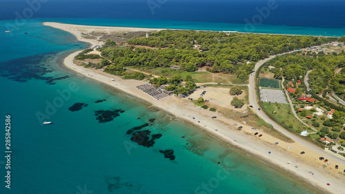 Aerial drone photo of iconic exotic sandy peninsula and sandy beach of Possidi with turquoise clear sea  Kassandra  Halkidiki  North Greece