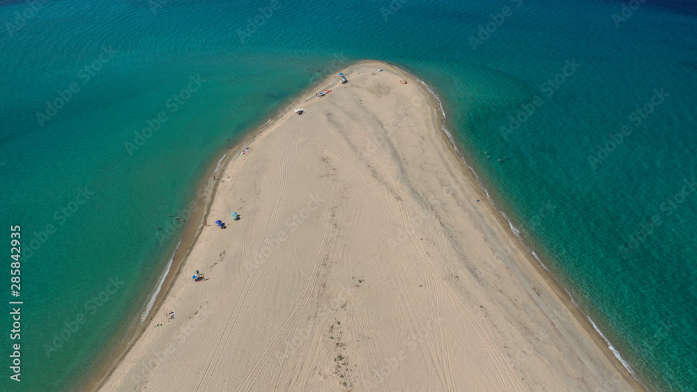 Aerial drone photo of iconic exotic sandy peninsula and sandy beach of Possidi with turquoise clear sea, Kassandra, Halkidiki, North Greece