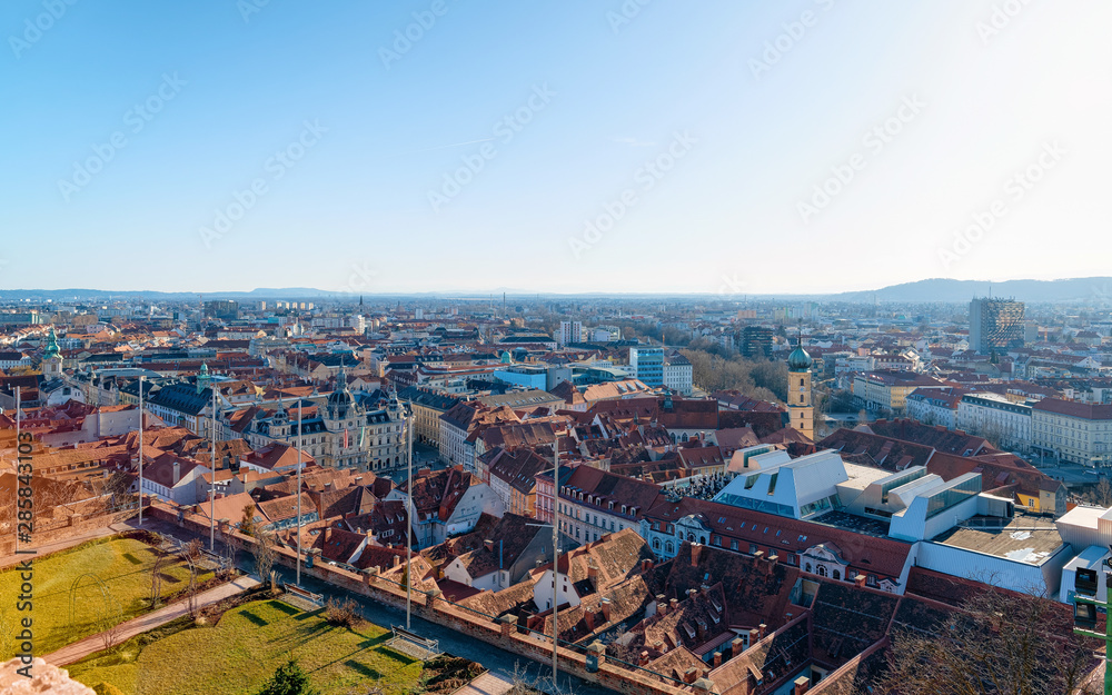 Panoramic view and cityscape with Rathaus in Town Hall Graz
